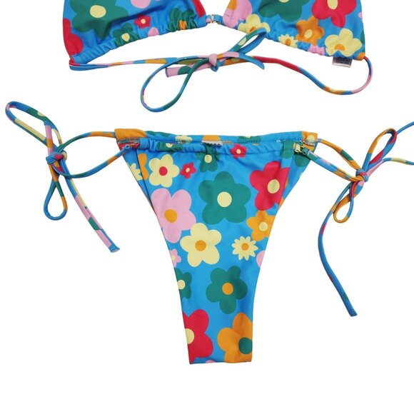 Floral Print Triangle Bikini Set Womens Adjustable Tie Straps Size M Swimsuit - Picture 5 of 5